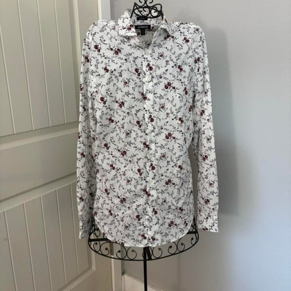 Express 100% Cotton White Floral Button Down Shirt, Extra Slim, Size S
